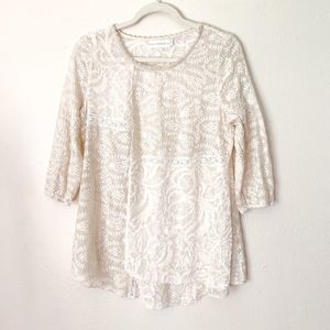 Johnny Was 4 Love & Liberty Sheer Embroidered Cream Top Women's sz S 3/4 sleeves